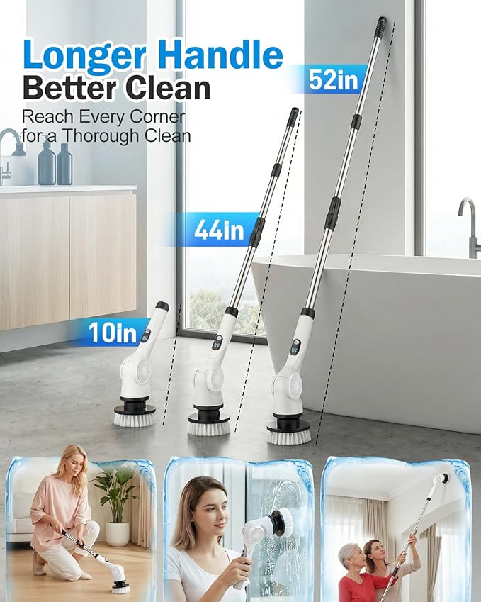 Electric Spin Scrubber, 3-Speed Cordless Shower Scrubber with Long Handle & 10 Replaceable Brush Heads, 90 Mins Runtime & Full-Body IPX7 Waterproof Shower Cleaner Brush for Bathroom Kithchen