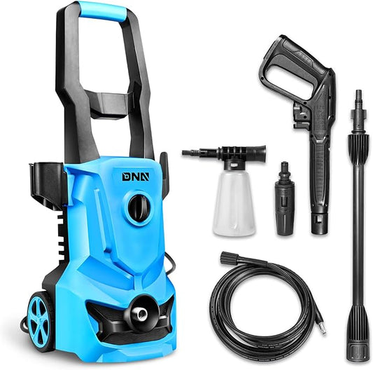 DNA Motoring TOOLS-00227 Up to 1813 PSI 1.45 GPM IPX5 1500W Electric Pressure Washer Car Wash Machine with Adjustable Nozzle Spray Soap Bottle, for Yard Car Driveway Patio Deck Cleaning (Blue)