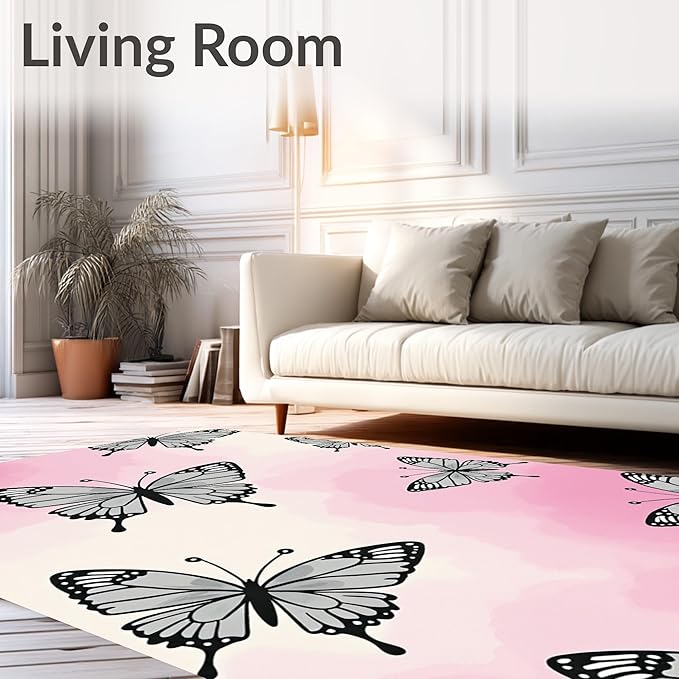 Flatwoven High Traffic Area Rug 6, Enchanted Wings Restroom Accessories, Non Slip, Stain Resistant, Washable Area Rugs for Living Room, Bedroom (Pink, 6)
