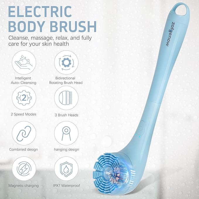Electric Body Brush, Waterproof Back Scrubber for Shower with Long Handle and 3 Heads, Rechargeable Exfoliating Brush for Body and Foot, Deep Cleansing Massager, Blue