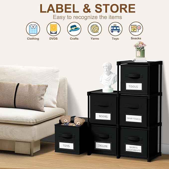 Geelin 6 Sets Cube Storage Organizer Bins with Shelf & Labels 11 Inch, Fabric Collapsible Cubby Toys Clothes Storage Drawer Unit for Daycare Nursery Playroom Bedroom Dorm Organizer (Black)