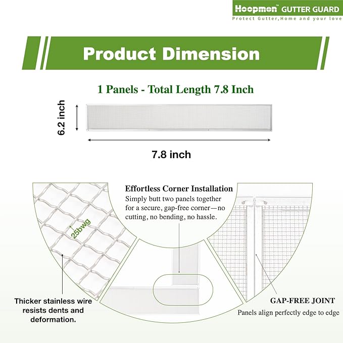 6 Inch Gutter Guard - Heavy Duty 100% Stainless Steel High-Flow Leaf Screen for Debris, Clog & Overflow Protection - Fits K-Style & Half-Round, Screws Included (1 Panel, 6in x 7.8in)