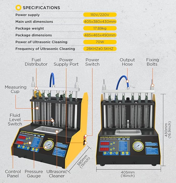 Fuel Cleaning Tools 6-Cylinder Injector Cleaner Tester CT-200 Fuel Injection Systems Cleaners Testers Gasoline Direct Injection Piezo Fuel Nozzle/High Pressure/Reverse Cleaning&On-Vehicle 220V/110V.