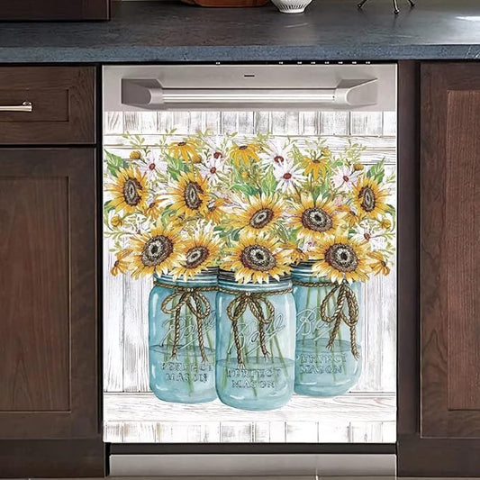 Farm Sunflower Dishwasher Cover Magnet Sticker, Vase Sunflowers Fridge Decal Magnetic Panel, Farm Style Vinyl Home Appliance Cover, Magnetic 23"x26"INCH