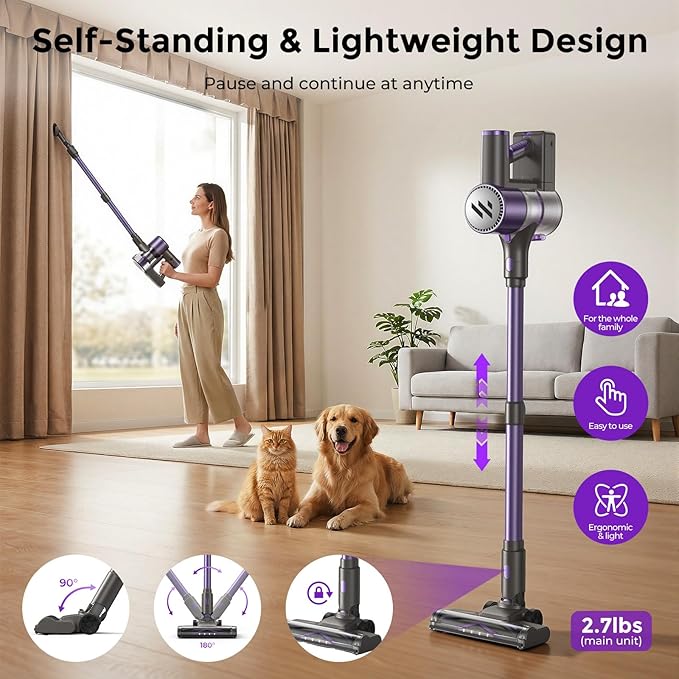Cordless Vacuum Cleaner,Vacuum Cleaner for Home with Brushless Motor,Lightweight Stick Vacuum with Self-Standing and Touch Screen,Hardwood Floor Vacuum for Pet Hair,Carpets,Tile(Light Purple)