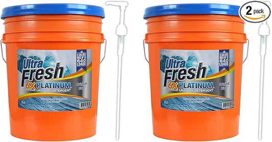 Ultra Fresh 6X Platinum 5 Gallon Laundry Detergent Liquid for All Machine Types with Easy Dispensing Pump, Up to 640 Loads, Mountain Fresh (2 Pack)
