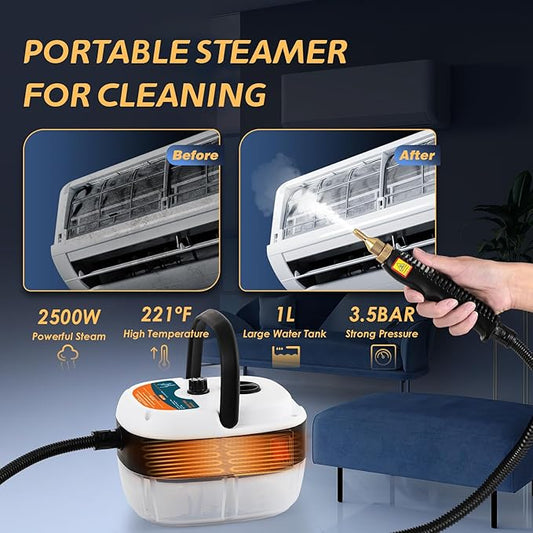 2500W Handheld Steam Cleaner, Pressurized Steam Cleaning Machine with 3 Brush Heads, 20s Heat Up, 1L Tank, Multipurpose Mini Portable Steamer for Tile, Grout, Furniture, Kitchen, Car, Home