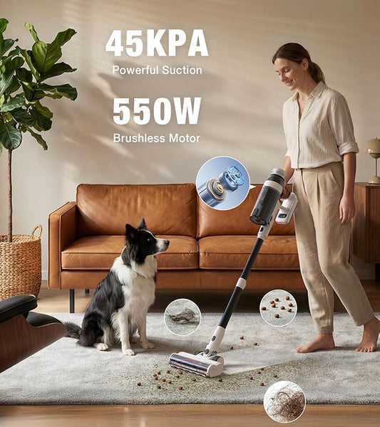 Cordless Vacuum Cleaner, 55Mins Vacuum Cleaners for Home, 15-in-1 Self-Standing Stick Vacuum with LED Light, Anti-Tangle & Wall Mount Charge, Lightweight Vacuum for Hard Floors Carpets Pet Hair