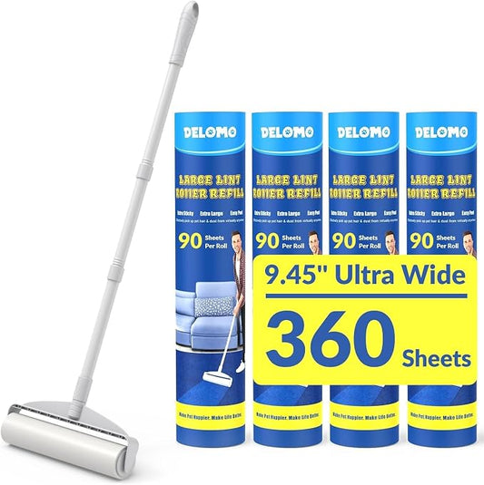 DELOMO 9.45” Large Lint Roller for Pet Hair, Long Handle for Floor & Carpet | 45” Long Lint Roller, 360 Extra Sticky Sheets, No-Bend Cleaning for Couches, Bedding, Car Seats, Rugs and Furniture by DELOMO