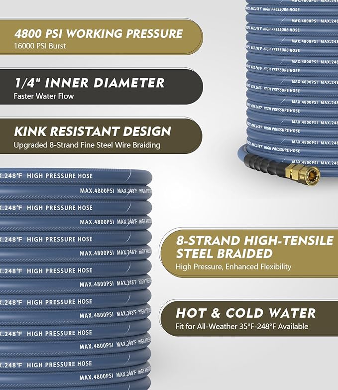 Pressure Washer Gun and Hose Kit, 4800PSI Steel-Braided & Durable - Flexible & Kink-Resistant Power Washer Hose 100 FT with 3/8" Swivel Quick Connector and M22 14mm Adapters Replacement