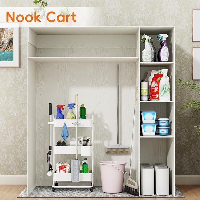 3 Tier Metal Rolling Utility Cart Organizer, Cleaning Supplies Carts with Lockable Wheels, Hanging Cups, Baskets, Mop Holder Hooks, Kitchen Storage Trolley Cart Laundry Garage Bathroom, White