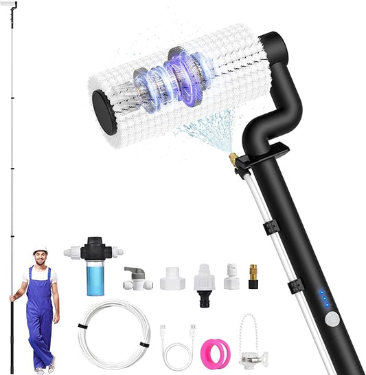 Electric Solar Panel Cleaning Kit, 20FT Solar Panel Cleaning Brush and Pole with Soap Dispenser, Telescopic Water Fed Pole, 100Mins Runtime, Solar Panel Cleaner Solution for Windows, Roof (Black)