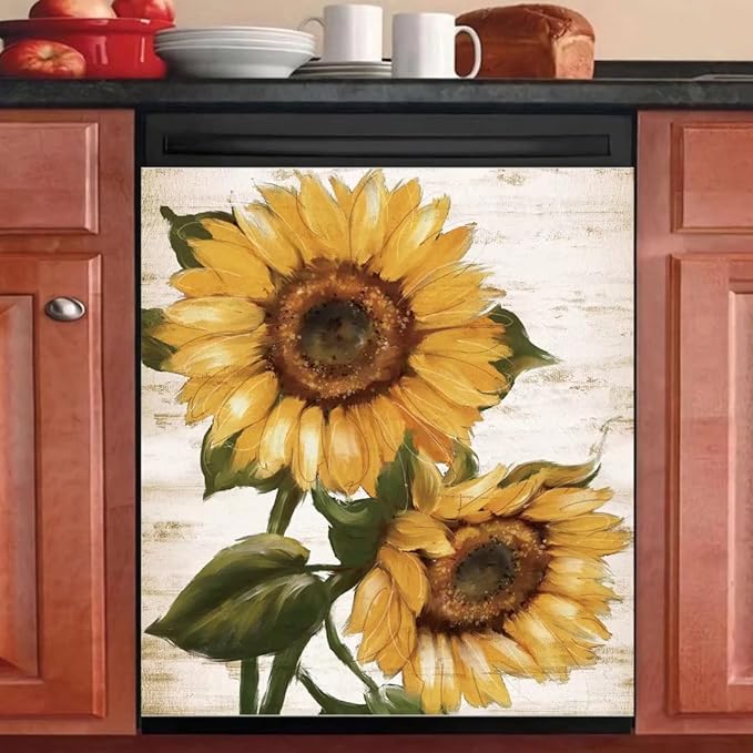 Retro Sunflower Kitchen Sticker Decor Dishwasher Cover Magnet, You are My Sunshine Dish Washer Door Panel Decal Magnetic, Refrigerator Magnet Decal Decor, Magnetic 23"x26"INCH