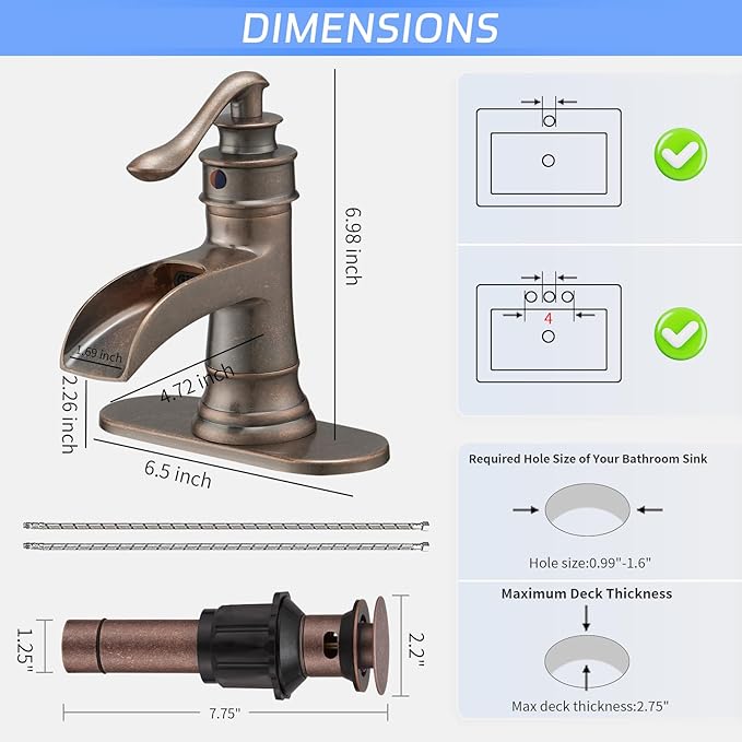 BWE Copper Bathroom Faucet Antique Brass Sink Vanity Basin Single Handle with Pop up Drain Assembly Waterfall Rose Mixer Tap One Hole Lever with Overflow Deck Mount Commercial