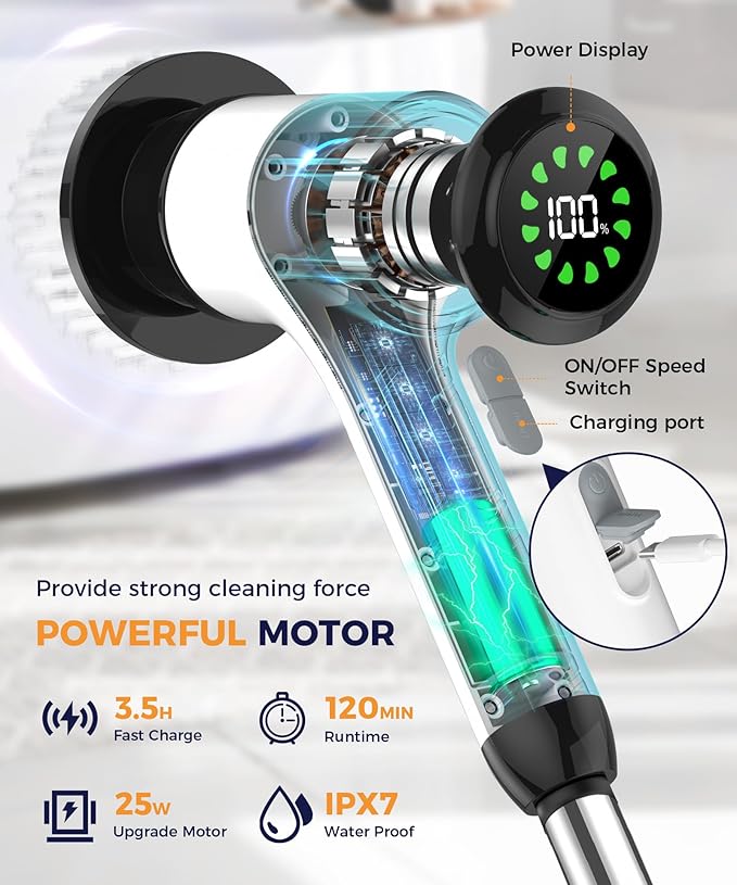 Electric Spin Scrubber, Cordless Cleaning Brush with 7 Replaceable Brush Heads, 2-Speed Adjustable Handle Shower Scrubber, IPX7 Waterproof for Bathroom, Tub, Tile & Floor, Teens, White-qe2...