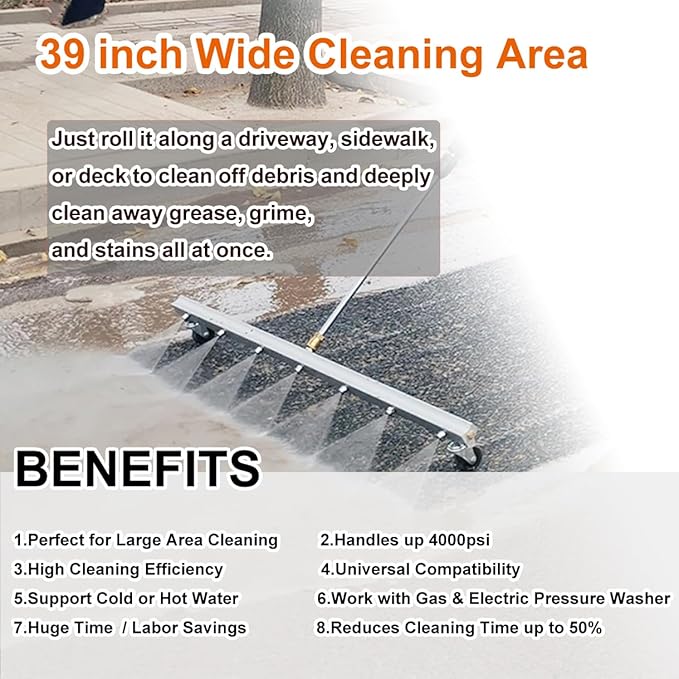 Water Broom Pressure Washer Surface Cleaner,39 inch Power Broom Sweeper with 50FT Washer Hose，4000 Psi with 7 Nozzles 2 Extension Wand for Concrete Driveway Sidewalk Deck, Roof Floor Cleaning