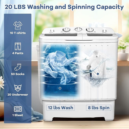 LDAILY Portable Washing Machine, 20lbs Compact Twin Tub Washer and Spinner with Drain Pump and Deep Cleaning, Mini Laundry Washing Spinning Combo for Apartment, RV, Dorm, Camping (White & Grey)