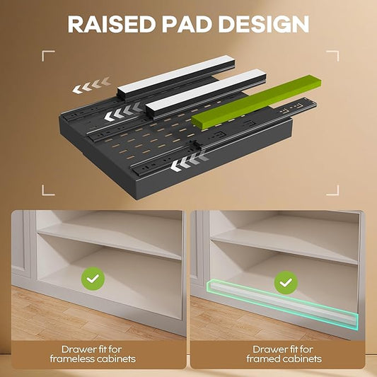 4 Pack Pull Out Cabinet Organizer 21" Deep with Raising Pad for Framed Cabinets, Expandable (9"-14" W) Slide Out Drawers for Kitchen Cabinets with 4pcs Divider Racks, Roll Out Shelves, Black