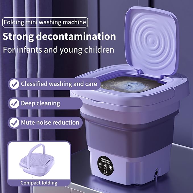 Walbest Mini Portable Washing Machine, 8L Foldable Small Washers Machine for Baby Clothes, Underwear, 2-in-1 Washing Machine & Spin Dry Folding Travel Laundry Tub for Cleaning Sock Small Rags Purple