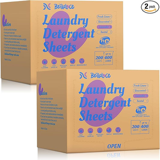 BellaLuce 2 Pack Laundry Detergent Sheets - Laundry Sheets, 800 Loads, Eco-Friendly, Plastic-Free, Lavender Scent, Space Saving, Fast Dissolve & Hypoallergenic