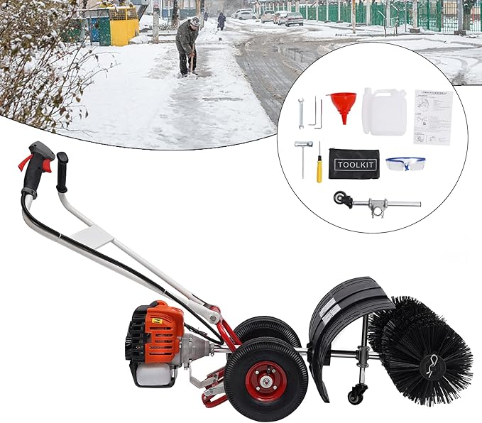 52CC 2.5HP Gas Power Sweeper Walk Behind Broom Driveway Grass Snow Cleaning Tool, 2.5HP Sweeper, for Cleaning Construction Sites, Farms, Streets, Driveways, Parks