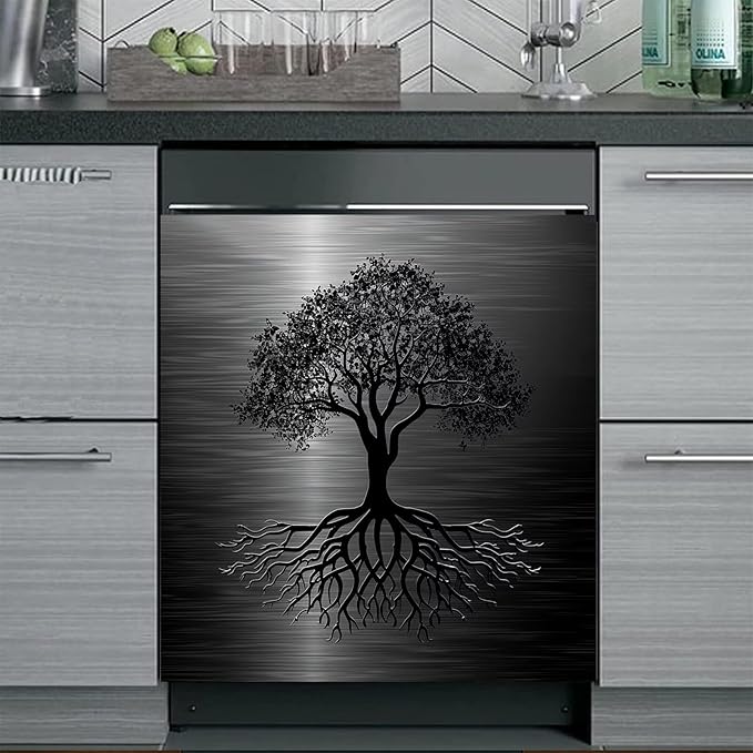Dishwasher Magnet Cover Black Tree of Life Dishwasher Cover Magnetic Sticker Brushed Stainless Steel Effect Kitchen Appliances Fashion Door Cover Magnet Decor Decal 23" x 26" Magnetic