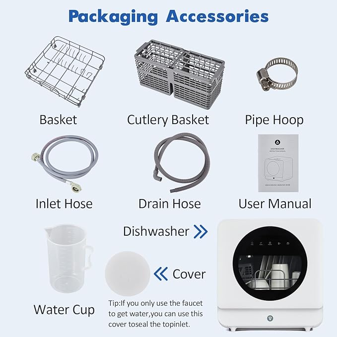 Portable Dishwasher Compact Dishwasher Countertop with Faucet & Manual Water Tank (5L) Modes Water Inlet, Compact with More Space Inside, 6 Programs Ideal for RV & Apartments