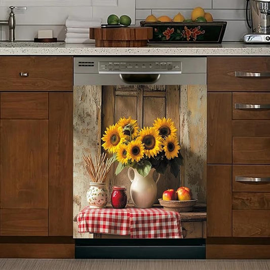 Vase Sunflower Magnetic Dishwasher Magnet Cover Decal, Vintage Rustic Desktop Apples Vinyl Decor Magnetic Fridge Door Cover, Dishwasher Magnetic Sticker, Easy Update 23" x 26" Magnetic