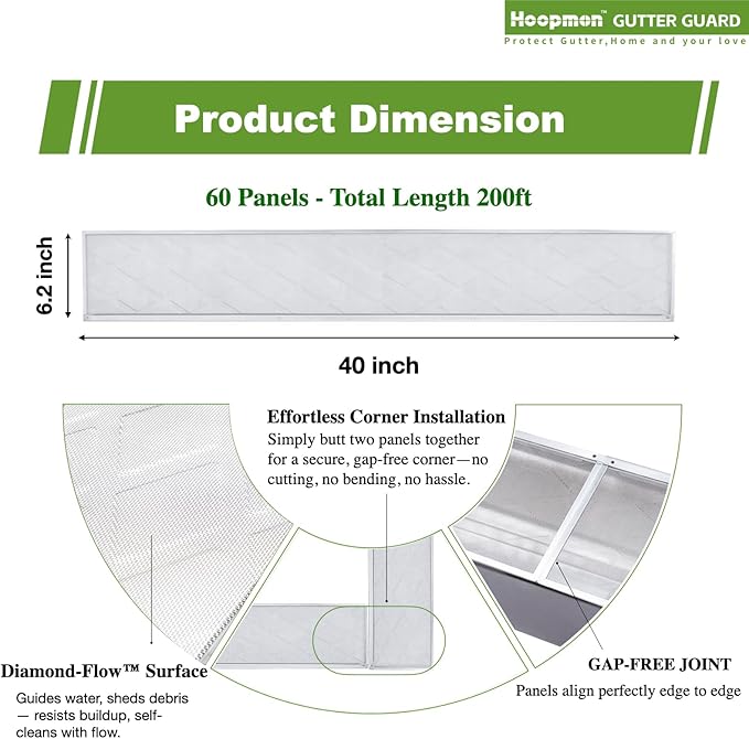 Gutter Guard – 100% Stainless-Steel Micro-Mesh Design, Pine Needle & Small Debris Protection, Fits 6 in K‑Style & Half‑Round Gutters, DIY Screws Included (200ft, 60pcs, 6in x 40in)