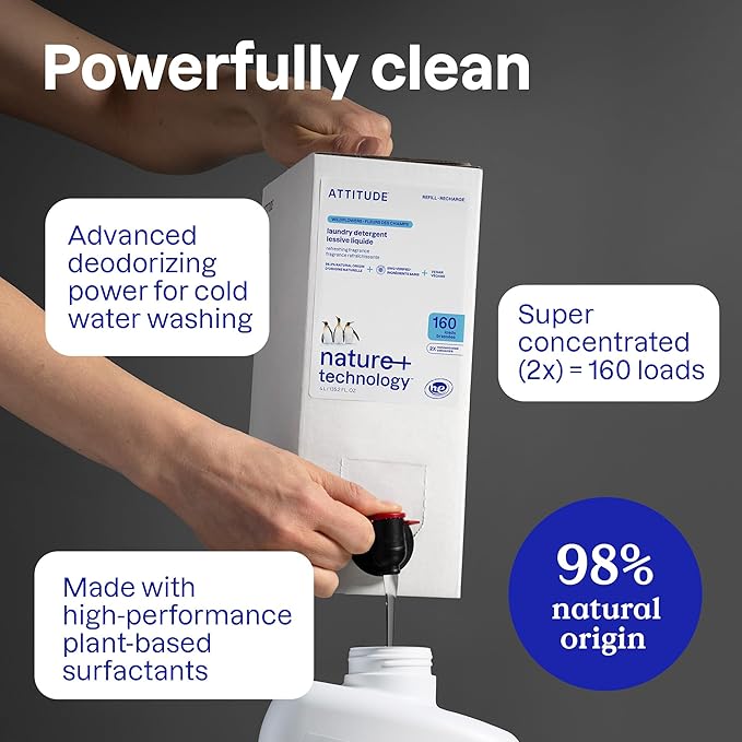 ATTITUDE Liquid Laundry Detergent Refill, EWG Verified, HE Compatible, Plant-Based & Vegan, Natural Laundry Soap, Unscented, 160 Loads, 135.26 Fl Oz (Pack of 2)