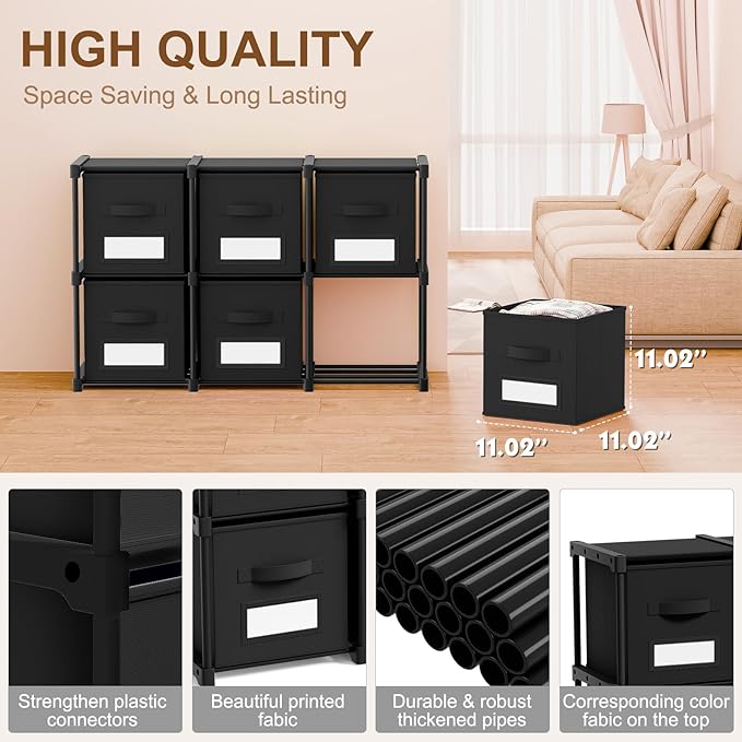 Geelin 6 Sets Cube Storage Organizer Bins with Shelf & Labels 11 Inch, Fabric Collapsible Cubby Toys Clothes Storage Drawer Unit for Daycare Nursery Playroom Bedroom Dorm Organizer (Black)