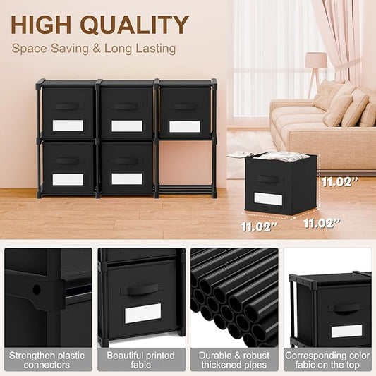 Geelin 6 Sets Cube Storage Organizer Bins with Shelf & Labels 11 Inch, Fabric Collapsible Cubby Toys Clothes Storage Drawer Unit for Daycare Nursery Playroom Bedroom Dorm Organizer (Black)