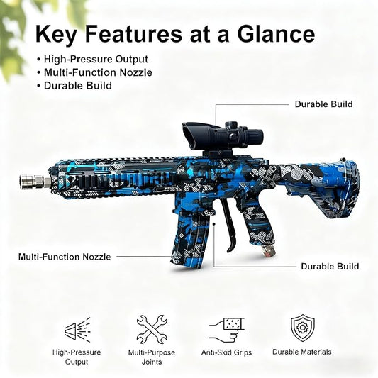 M416 Tactical Style 3600 PSI High Pressure Washer Gun - Foam Cannon Compatible with Swivel & 4 Nozzles - Airsoft Inspired Design for Car Cleaning & Outdoor Use (Blue)