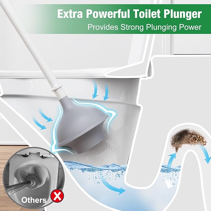 Lefree, 2 in 1 Toilet Brush and Plunger Set with Silicone Bristles, Plastic Material, Includes Holder, White/Black, for Deep Cleaning