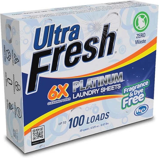 Ultra Fresh 50 Count Laundry Detergent Sheets for All Machine Types, 6X Platinum, Up to 100 Loads, Fragrance Free and Dye Free