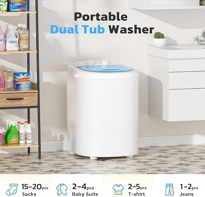 INTERGREAT Portable Washing Machine, 5.5 Lbs Compact Mini Portable Washer, 110V Single Tub Laundry Washer Machine for Apartments, Dorms, Traveling, RV, Blue