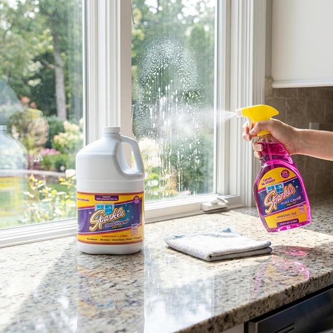 Sparkle Glass Cleaner Spray Bottle & 1 Gallon Refill, Ammonia-Free Original Formula, Streak-Free Shine, 33.8 fl oz + 128 fl oz (Pack of 1 Set)