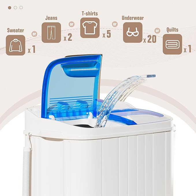 SUNCROWN Portable Washing Machine 17.6lbs, Compact Twin Tub Semi Automatic Washer, Energy-Saving Mini Laundry Combo with Extended Drain Hose & Pump for Apartments, Dorms, RV, (White & Blue)