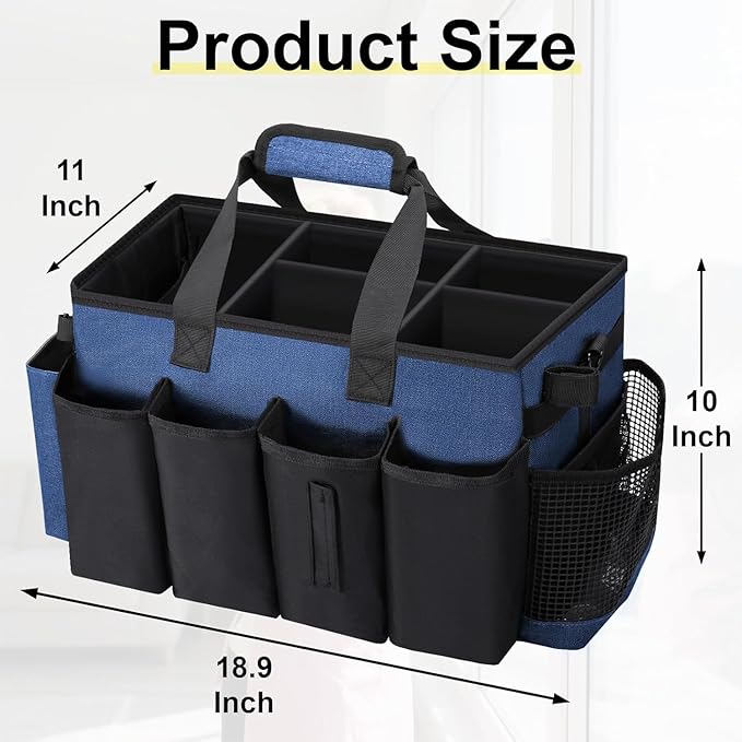 Wearable Large Cleaning Caddy Bag for Housekeeper, Clean Supply Organizer with Adjustable Shoulder, Waist & Handle Straps, Detailing Bag for Kitchen Supplies (Blue)