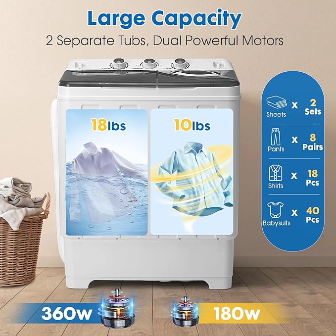 Portable Washing Machine, 28lbs Twin Tub with Drain Pump - 18lbs Washer and 10lbs Spinner Combo, Semi-Automatic Compact Laundry Machine for Apartments, Dorms, RVs, Camping - Grey