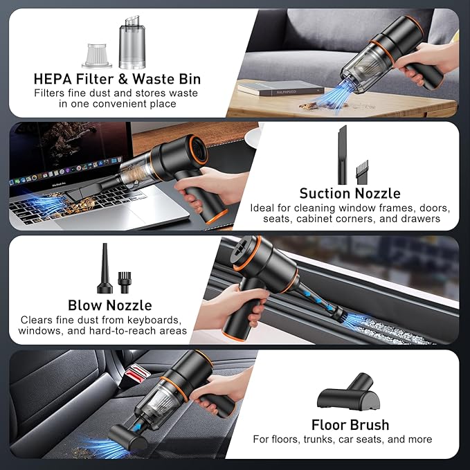 KMM Handheld Car Vacuum Cleaner, 9000PA Vacuum Cleaner & Air Duster, 120W High Power Vacuum Portable Cordless, Hand Held Vacuum Rechargeable with Multi-Nozzles & LED Light for Home, Car, Office