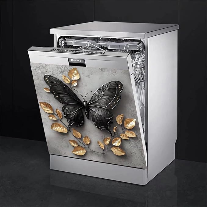 Black Butterfly Gold Leaf Dishwasher Magnet Cover Metalized Pattern Front Dishwasher Cover Magnetic Home Appliances Doors Panel Magnets Decals Kitchen Decorative 23" x 26"(Magnetic)