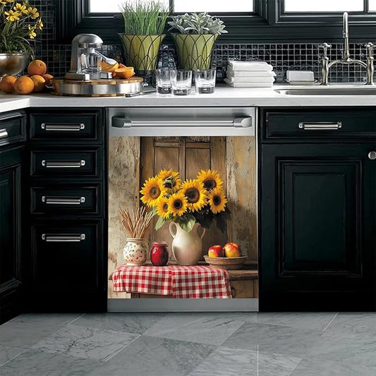 Vase Sunflower Magnetic Dishwasher Magnet Cover Decal, Vintage Rustic Desktop Apples Vinyl Decor Magnetic Fridge Door Cover, Dishwasher Magnetic Sticker, Easy Update 23" x 26" Magnetic