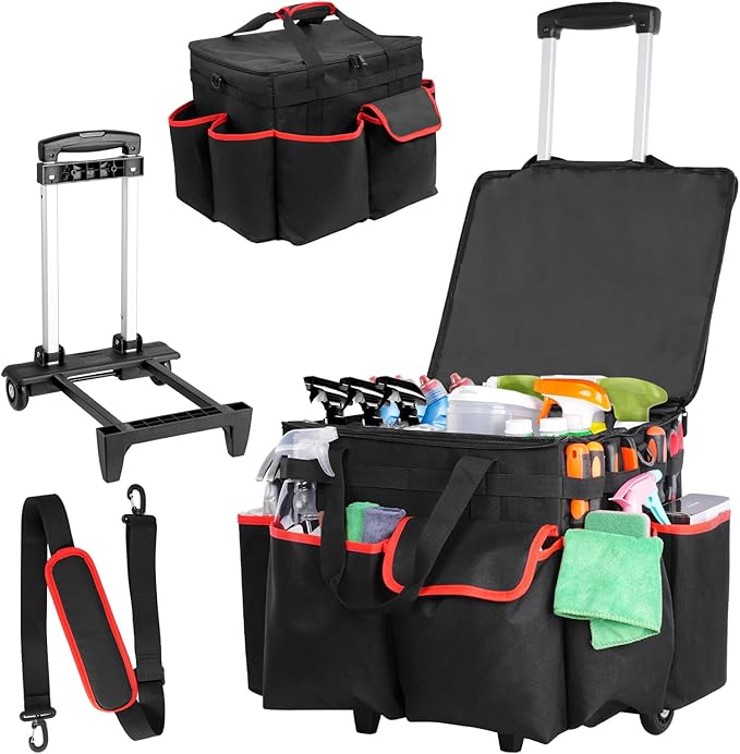 Large DIY Rolling Cleaning Caddy Bag, Cleaning Caddy with Wheels for Housekeepers, Wear-Resistant & Waterproof 900D Oxford Cleaner Supplies Organizer for Kitchen, Home, Office, Tool Storage