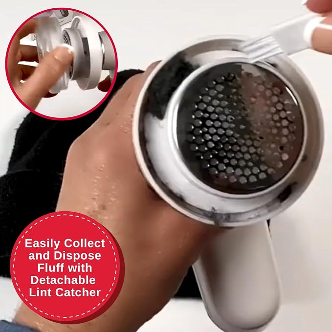 SINGER?? Compact & Portable Fabric Shaver and Lint Remover | Battery operated device, 3 stainless steel blades, detachable catcher, easy to clean - Image 5