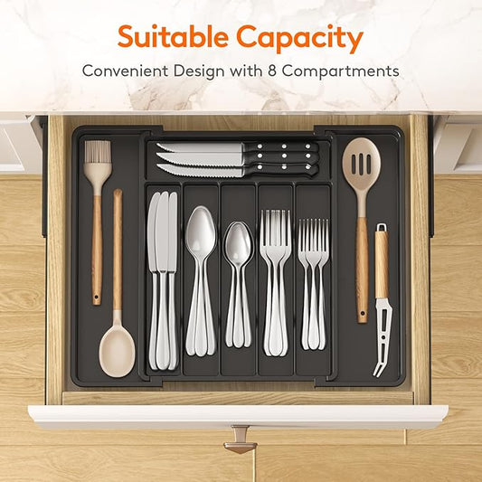 Lifewit Silverware Drawer Organizer, Expandable Utensil Tray for Kitchen, BPA Free Flatware and Cutlery Holder, Adjustable Plastic Storage for Spoons Forks Knives, 11-18 x 14", Black