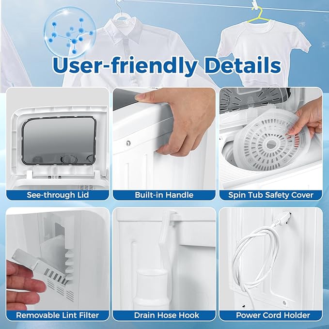 LDAILY Portable Washing Machine, 20lbs Compact Twin Tub Washer and Spinner with Drain Pump and Deep Cleaning, Mini Laundry Washing Spinning Combo for Apartment, RV, Dorm, Camping (White & Grey)