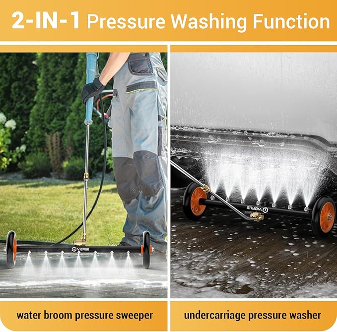 VIGRUE 2-in-1 undercarriage Pressure Washer Attachment,24 Inch Pressure Washer Water Broom with 7 Nozzles,Under Car Washer Cleaner with 3 Pieces Extension Wand,4000 PSI,Orange