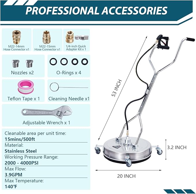 Towallmark 20" Pressure Washer Surface Cleaner with Dual Handle 4 Wheels, 3/8" Connector, 2 Replacement Nozzles, Stainless Steel Power Washer Housing Accessory for Driveway Deck Sidewalk Patio 4000PSI