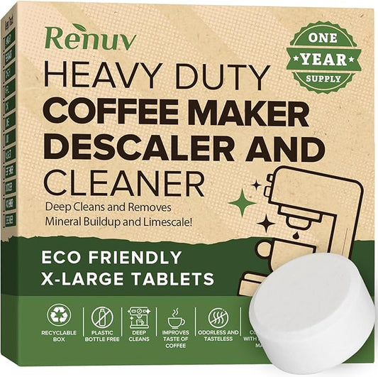 Renuv® Coffee Maker Cleaner & Descaler Tablets, 12 Uses for Keurig, Ninja, Breville, Delonghi, Nespresso, Miele, Jura, Mr Coffee, Cuisinart Descaling Solution for Coffee Pot Maker & Espresso Machines